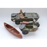 Cherilea 1/6 scale amphibious Jeep with 2 Action Man figures, motorbike with side-car and a canoe (