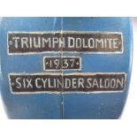 Vintage metal watering can, blue painted with a 1937 Triumph Dolomite 6 cylinder Saloon, L60cm