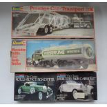 Revell 1/25 Peterbuilt Car Transporter (started), Revell 1/25 Mercedes 1628s with Tank Trailer (