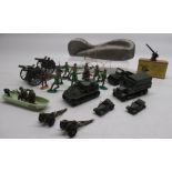 Two Britains Field Guns, Lone Star Jeep, Dinky Troop carrier, Tank, and two staff cars, two small