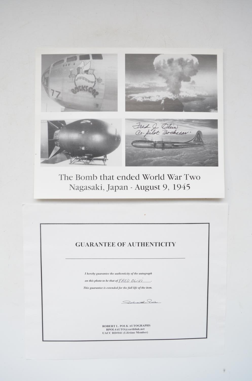 Photographic montage of 2nd atomic bomber Bockscar, signed by Co-pilot Fred Olivi with CoA