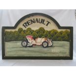 Painted study on board of a 1918 Renault motor car, and a printed and painted Route 66 plaque,