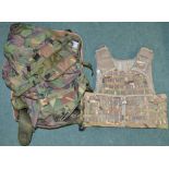 Mixed modern British Army armored vest, webbing, side pouches, smock etc