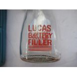 Lucas glass Battery Filler with red spout, and a Diamond blue plastic Battery Filler, H24cm max (2)