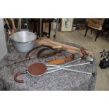 Collection of vintage tools and accessories, steel jam pan, wooden easel, door bells, spirit levels,