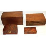 Victorian mahogany deed box with brass swan neck handles, W38.5cm D20.5cm H18cm, a light wood