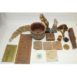 Amanda Barrie collection- Collection of wooden carving items including wooden carved tiles, wicker