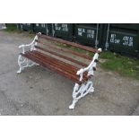 Early Coalbrookdale garden bench with wooden slats (8) and the painted bench ends depicting