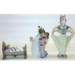 Lladro figure #5717 Rock-a-Bye Baby, H12cm, and two Nao figures including Clowning Ready, H29cm (3)