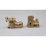 Two 9ct yellow gold opening charms including boot house and church, both stamped 375, gross 8.4g