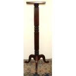 Regency style mahogany tripod jardiniere pedestal, lobed column on three cabriole legs, H134cm