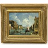 Italian School (C20th); Venetian canal with gondolas, oil on panel, signed with initials K.L, 19cm x
