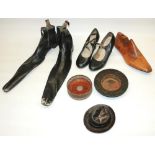 Amanda Barrie collection- pair of 'child catchers' leather shoes, wooden last, bottle coaster,