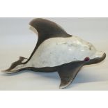 Large studio pottery dolphin/killer whale, raku glaze, L49cm stamped LC