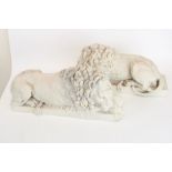 After Canova; pair of cast 'Chatsworth Lions' with W. Wyon Arts and Commerce Promoted on base, L33cm