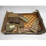 Chess board with two sets of chess pieces, Rainbow Dominoes set, chequers, dominoes, cards, etc.