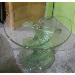 Pair of Mark Webster Designs coffee tables, clear glass circular tops on twist step turned column