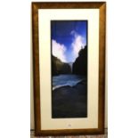 Colour photographic study of a waterfall, 85cm x 31cm in gold cloud effect frame
