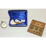 Meerschaum pipe with amber mouth piece, two porcelain pipe bowl, brass ball clock and set of balance