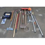 Collection of garden tools and a cordless grass and hedge trimmer with battery, no charger,