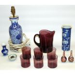 Whitefriars style purple glass jug with pinched spout, H16cm, with set of six matching tumblers,