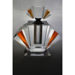 Large Art Deco style clear and amber glass fan shaped perfume bottle, with screw top, H22cm in box