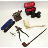 Negretti & Zambra opera glasses in leather case, two pipes including a late c19th 'Present from