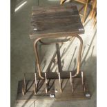 Tubular framed occasional table with rustic pine top and two similar coat racks W44cm X D44cm x