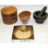 Spool of Red Star Binder twine, H16cm, C19th salt glazed jelly mould, impressed with quince,