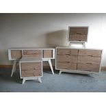 Modern green wash and wood bedroom suite comprising: dressing table with two drawers and tambour