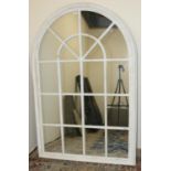 Large distressed white painted arched window framed mirror, H151cm W98cm