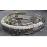 Sectional concrete pond surround in 18 pieces, 6 large 128cm, 12 small 65cm and 12 top stones 123cm