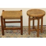 Hardwood stool, top carved with three figures, H42cm and a small woven top stool (2)