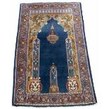 Persian style multicoloured Prayer style rug, blue ground field with lantern enclosed by columns