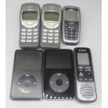 Three Vintage Nokia mobile telephones, two Apple 80GD ipods, and a Sony IC recorder (6)