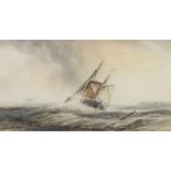 English school (C19th); Twin masted sailing vessel in a heavy swell off the coast, watercolour,