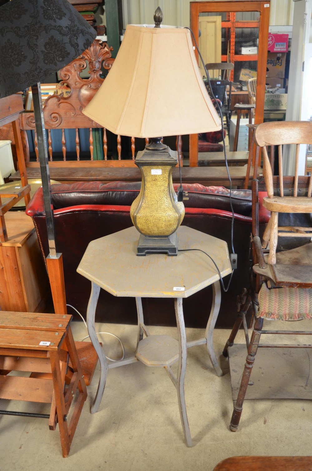 Contemporary crackle glaze table lamp with H90cm and a late C19th two tier occasional table, W58.5cm