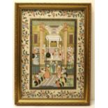 Indian School (Contemporary); Kneeling figures in a Temple interior, watercolour on silk in a