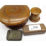 C19th treen turned circular powder bowl, cover with interior mirror, D11.5cm, a small cylindrical