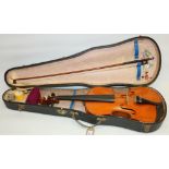 Violin and bow decorated with mother of pearl, cased