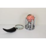 Modern chromed metal desk companion with globe, thermometer, hygrometer, clock and thermometer,