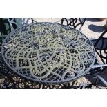 Stone bird bath on cast iron 3 legged stand (originally a pot lid) with ornate handle, H74cm