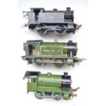 Three vintage Hornby O gauge 0-4-0 clockwork steam train models, no keys