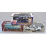 Three 1/18 scale boxed diecast car models, James Dean's 1949 Mercury Coupe by American Muscle,