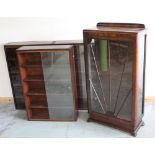 Three stained wood book cases with plate glass doors, and a 1940's walnut display cabinet, W64cm