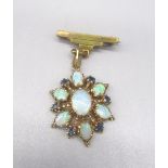9ct yellow gold opal and sapphire cluster pendant, stamped 9c, on yellow metal pin brooch, no