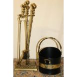 Regency style brass fireside companion stand with four implements, H76cm and a small brass bound