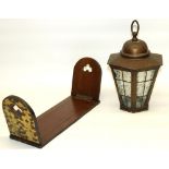 C19th oak book slide with brass detail, L32cm, and a sheet copper cased porch lantern with mottled