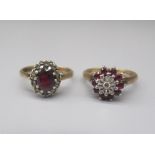 9ct yellow gold diamond and ruby cluster ring, stamped 375, size K1/2, and another 9ct yellow gold