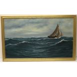 H. L Braunston (British C20th); Fishing boat in a heavy swell, oil on board, signed 43cm x 75cm